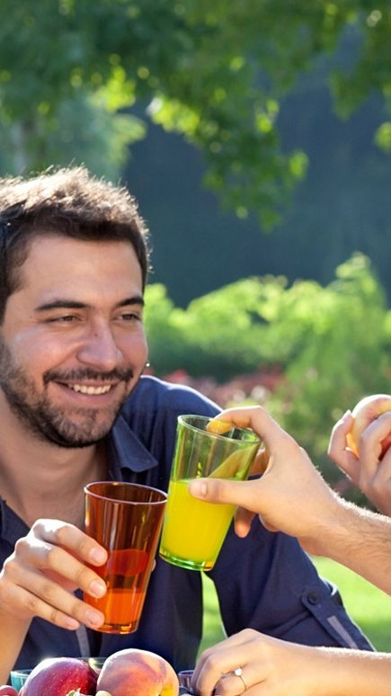 Group of people laughing and having a picnic cheer-sing cups 